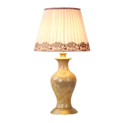 Ceramic Pot Vase Table Lamp Traditional 1-Light Living Room Nightstand Light with Floral Trim Shade in Beige