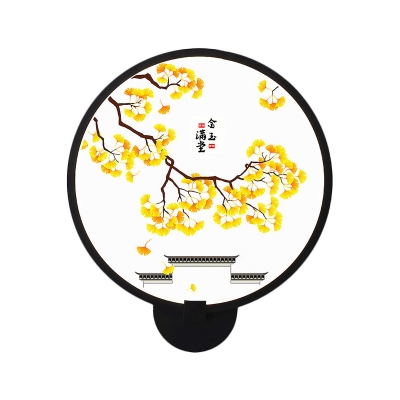 Chinoiserie Circle Wall Mural Light Metallic LED Indoor Wall Sconce Lamp with Bamboo/Ginkgo Branch/Tree Pattern in Black