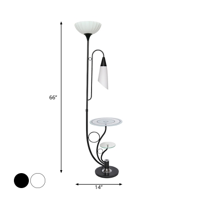 Countryside Bowl and Cone Floor Light 2 Heads Frosted Glass Tree Floor Lamp with Shelf in White/Black