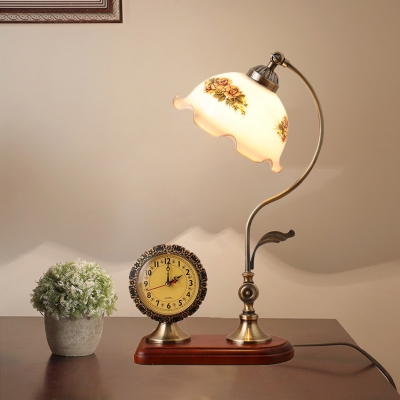 Countryside Scalloped Desk Light Single Beige Printed Glass Reading Lamp with Clock Deco in Red Brown