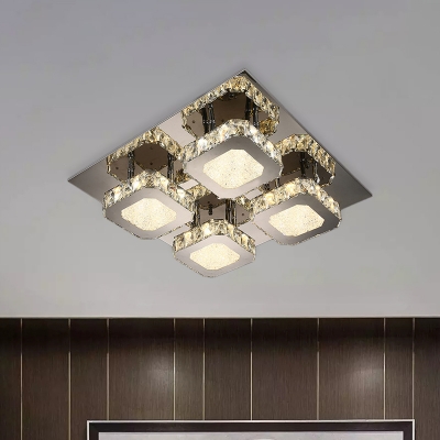 Crystal Squares Semi Mount Lighting Modernism Living Room LED Ceiling Flush Light in Stainless Steel