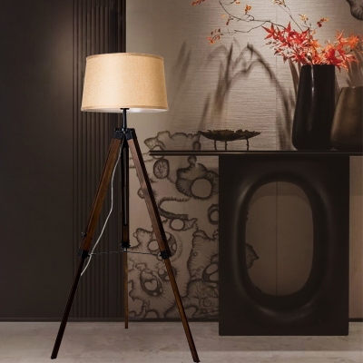 Drum White Fabric Floor Lamp Minimalist Single Wood/Distressed Wood Tripod Standing Floor Light for Bedroom