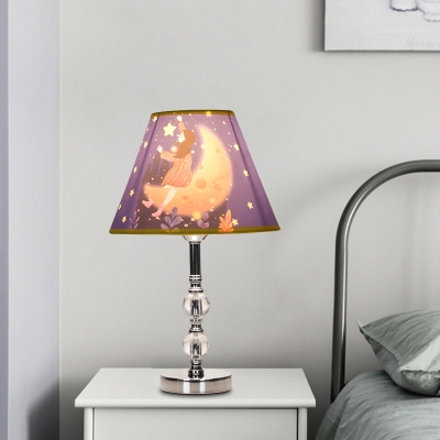 Fabric Barrel Shade Nightstand Light Cartoon Single Blue Table Lamp with Girl and Starry Sky Pattern