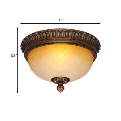 Farmhouse Domed Flush Lighting Amber Gridded Glass 2-Bulb Flush Mounted Lamp Fixture in Coffee