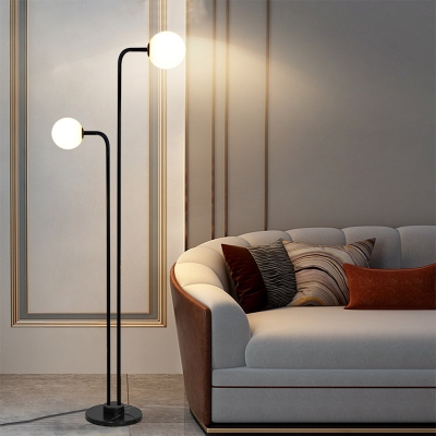 Frosted White Glass Orb Floor Lamp Minimalist 2 Bulbs Black Finish Floor Standing Light