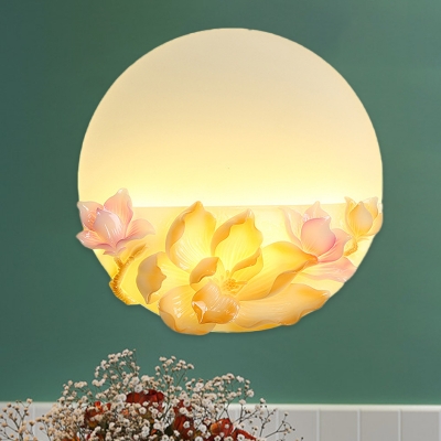 Full Moon Wall Sconce Light Asia Acrylic Pink and White LED Wall Mural Lighting with Resin Magnolia Decor