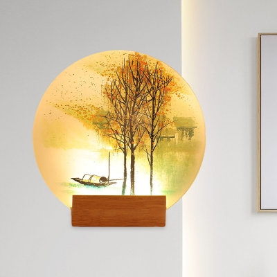 Hand-Paint Boat/Fish Wall Mural Lighting Chinese Acrylic Bedroom LED Round Sconce Light in Wood