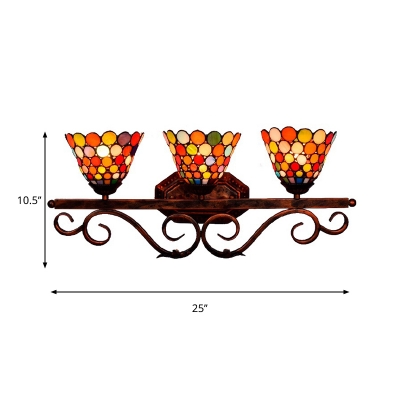 Iron Rust Wall Sconce Lighting Scrollwork 3 Bulbs Tiffany Wall Lamp Kit with Dots Stained Glass Shade