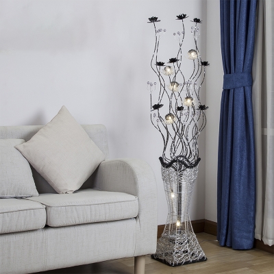 Lotus and Vase Aluminum Wire Floor Light Decorative Living Room LED Stand Up Lamp in Black-Silver