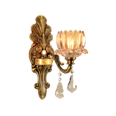 Lotus Flower Parlor Wall Sconce Retro Style Crystal 1/2-Bulb Brass Finish Wall Mount Lighting