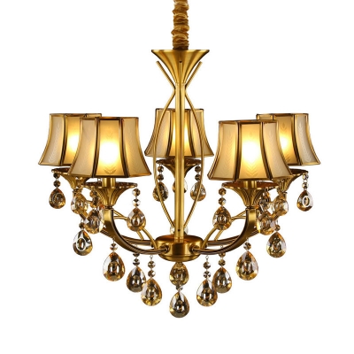Mid Century Flared Shade Pendant 5 Bulbs Frosted Glass Chandelier with Dangling Crystal, Brass