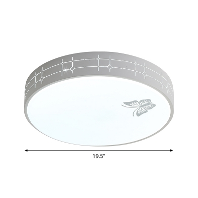 Minimalist Laser-Cut Round Flushmount Iron Bedroom LED Ceiling Mount Light with Butterfly Pattern in White
