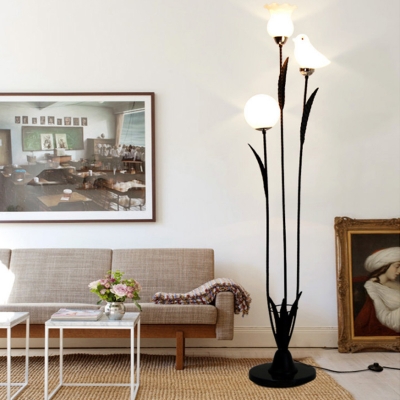 Modern 3-Head Stand Up Lamp Black/White Tree Design Floor Light with Bird and Flower Opal Glass Shade
