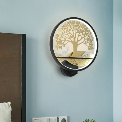 Modernist Tree Wall Sconce Light Metallic Bedside LED Wall Mural Lamp in White/Black with Hoop Design, White/Warm Light
