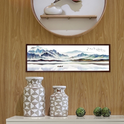 Mountain Reflection Painting Mural Lamp Asian Wood Living Room LED Wall Light Sconce in Brown