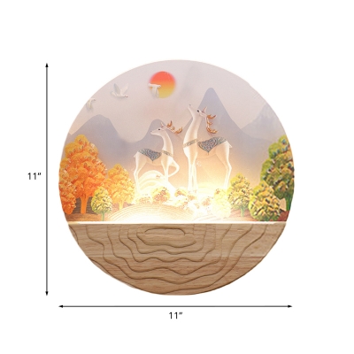 Nordic LED Wall Sconce Wood Deer at Sunrise Mural Light Flush Mount with Acrylic Shade
