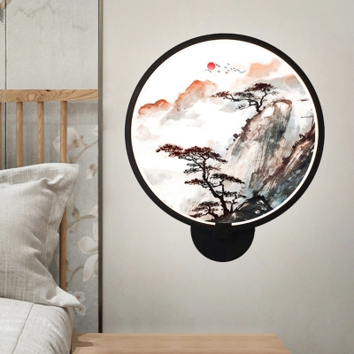 Pine Tree and Mountain Sconce Light Fixture Chinese Style Metallic LED Black Circle Mural Lamp