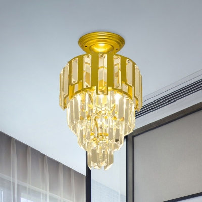 Post Modern 1 Bulb Semi Flush with Crystal Rectangle Shade Gold Finish Tiered Ceiling Mounted Lamp
