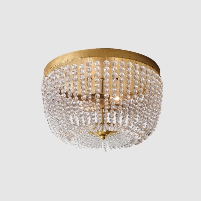 Post Modern Dome Ceiling Mounted Light Crystal Strand 3-Head Bedroom Flush Lamp Fixture in Gold