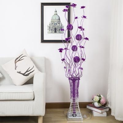 Purple Vase and Florets Floor Lamp Decorative Metallic Wire Living Room LED Stand Up Light