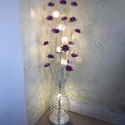 Red/Purple LED Floor Light Decorative Aluminum Wire Lotus and Vase Stand Up Lamp for Bedside