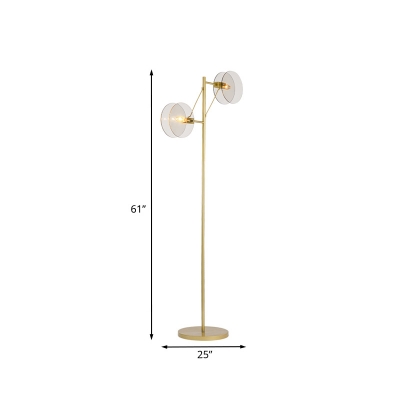 Round Panel Stand Up Light Post Modern Umber Glass 2-Light Gold Finish Floor Lamp