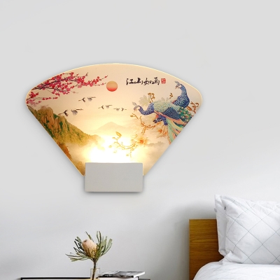 Sector Acrylic Wall Sconce Lighting Chinese LED White Wall Mural Lamp Fixture with Peacock and Mountain Pattern