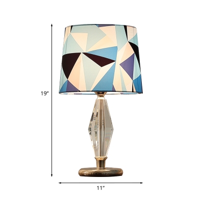 Single Bedside Night Table Light Modernism Blue Nightstand Lamp with Drum Patterned Fabric Shade