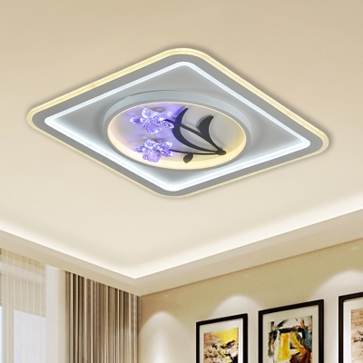 Square/Round Ultrathin LED Flush Light Modern White Acrylic Close to Ceiling Lamp with Decorative Crystal Flower