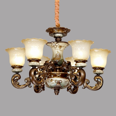 Traditional Flower Shade Up Chandelier 6/8-Light Opal Glass Ceiling Suspension Lamp with Ceramics Detail in Brown