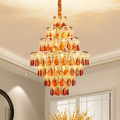 Amber Crystal Tiered Ceiling Chandelier with Rhombus Design Traditional 8 Heads Dining Room Pendant in Gold