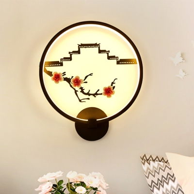 Wall and Peach Branch Painting Mural Lamp Chinese Ceramic Bedside Decorative LED Sconce in Black