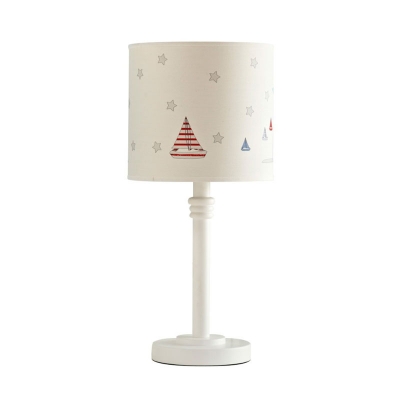White Drum Shade Nightstand Lamp Cartoon Single Head Patterned Fabric Table Light