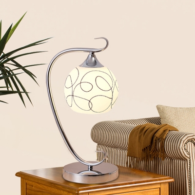 White Glass Hemisphere Table Lamp Modern Single Bedside Night Light with Abstract Wire Decor in Chrome