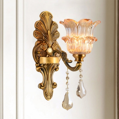 1/2-Head Wall Lighting Traditional Layered Flower Ribbed Glass Sconce Light in Brass
