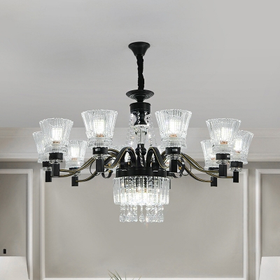 13-Bulb Horn Shaped Up Chandelier Vintage Black Crystal Hanging Ceiling Light for Living Room
