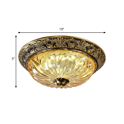 2/3-Head Flush Mount Lighting with Bowl Shade Ribbed Tan Glass Country Bedroom Flush Lamp Fixture in Brass, 12