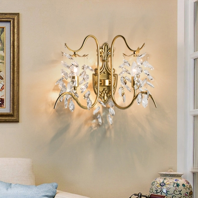 2 Heads Crystal Drip Wall Lighting Idea Traditional Gold Finish Branch Bedroom Wall Sconce