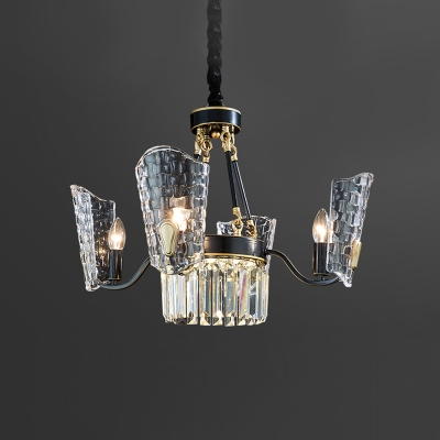 4 Bulbs Pendant Light Modernist Dining Room Chandelier with Gridded Shield Crystal Shade in Black
