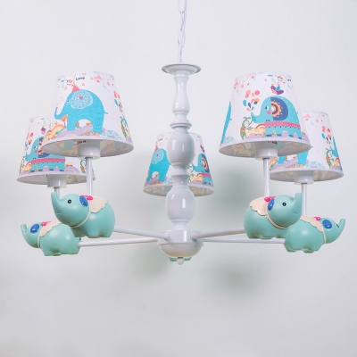 5/6 Bulbs Baby Room Hanging Chandelier Cartoon Light Blue Drop Lamp with Elephant-Print Fabric Shade
