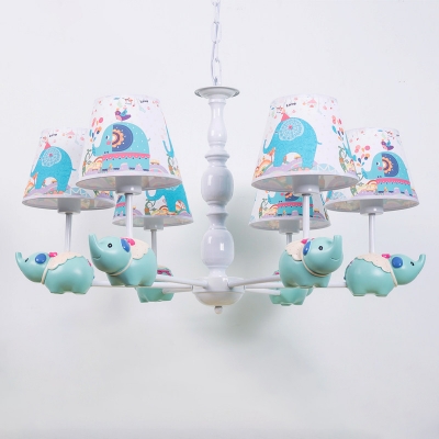 5/6 Bulbs Baby Room Hanging Chandelier Cartoon Light Blue Drop Lamp with Elephant-Print Fabric Shade