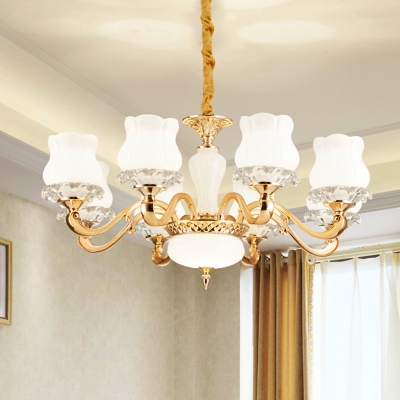 6/8-Bulb Chandelier Pendant Light with Floral Shade Milky Glass Traditionalism Dining Room Suspension Lamp in Gold