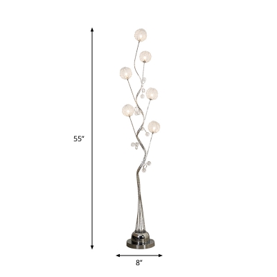 6 Bulbs Aluminum Wire Floor Lamp Art Deco Silver Finish Tree Living Room LED Floor Light with Orb Shade