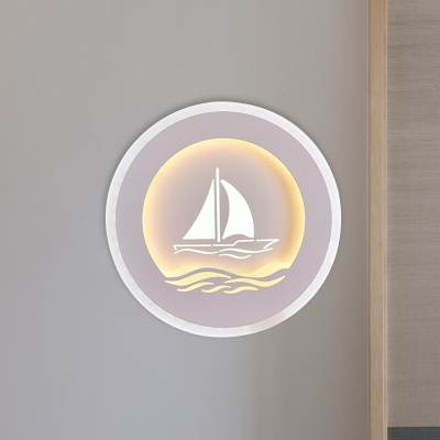 Acrylic Round Wall Light Sconce Modern LED White Wall Lamp Fixture with Boat/Tree Pattern