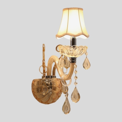 Amber Crystal Candelabra Wall Mount Lighting Traditional 1/2-Bulb Chrome Wall Lamp with Scalloped Fabric Shade