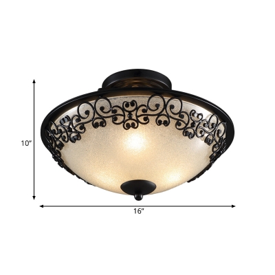 Antiqued Bowl Shade Semi-Flush Ceiling Light 3 Lights Seeded Glass Flush Mount Lamp in Black