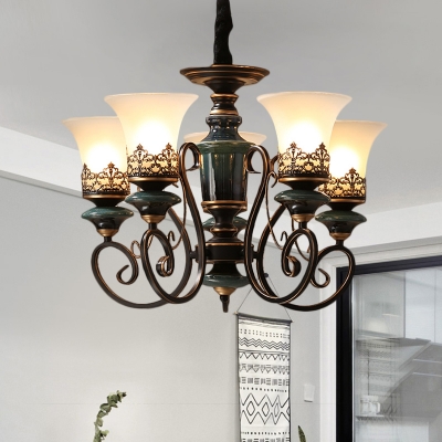 Bell Shade Dining Room Chandelier Lamp Vintage Frosted Glass 3/5/6-Bulb Black and Gold Pendant Light