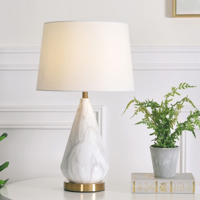 Black/White Diamond Night Light Simple Marble-Textured Ceramic Single Living Room Table Lamp with Drum Fabric Shade
