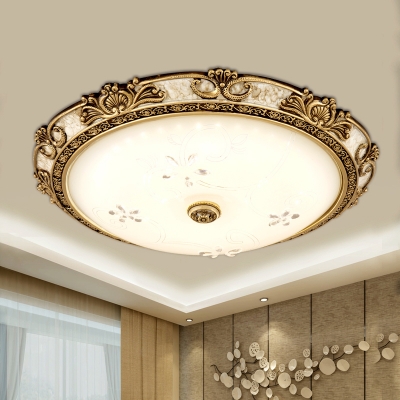 Brass LED Flush Lighting Traditional Veined Glass Dome Flush Mount Fixture in White/Warm Light, 13