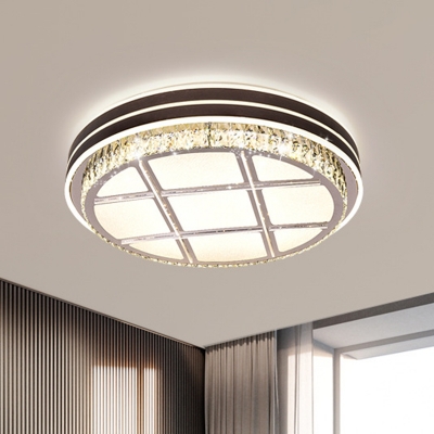 Brown LED Ceiling Light Fixture Simple Crystal Checkered-Pattern Round Flush Mount for Bedroom
